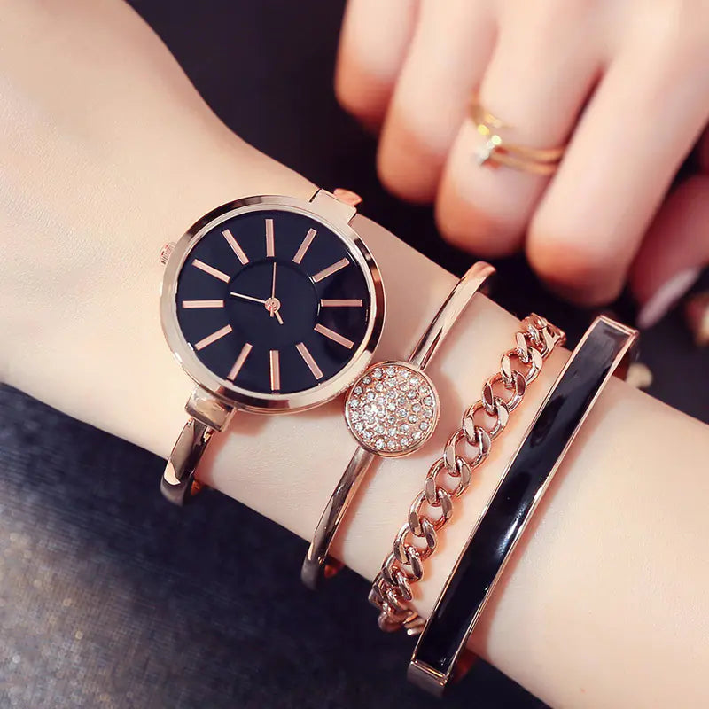 Stylish Women's Watch and Bracelet Set in Rose Gold