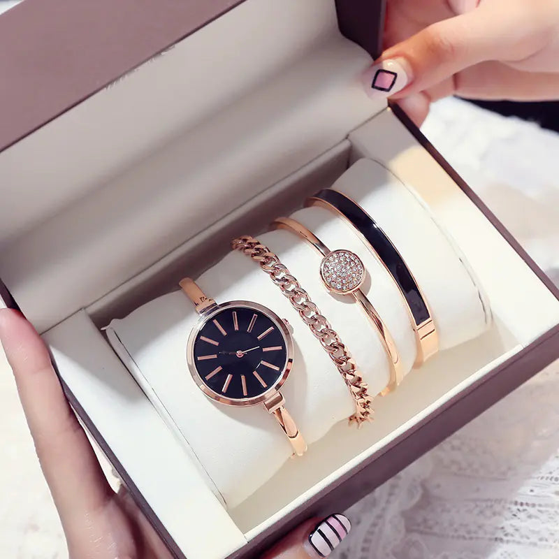 Stylish Women's Watch and Bracelet Set in Rose Gold