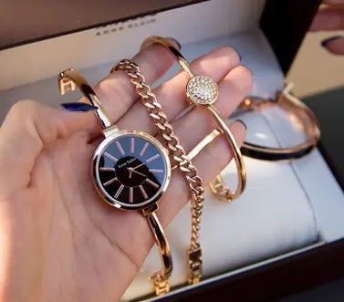 Stylish Women's Watch and Bracelet Set in Rose Gold